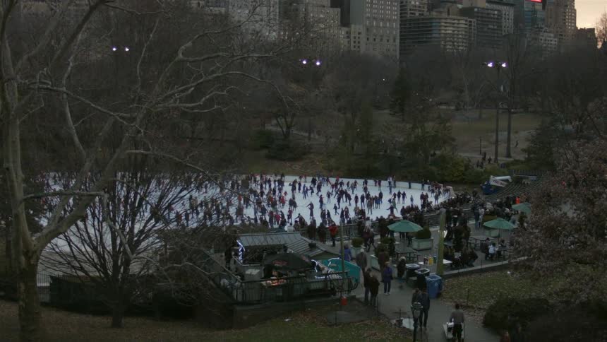 Large group of people skating on outdoor ice skating rink