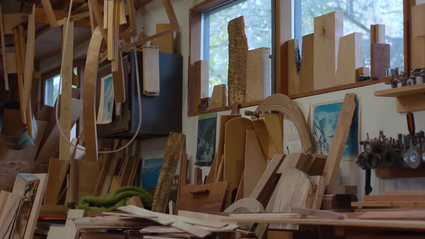 Wooden pieces in a workshop
