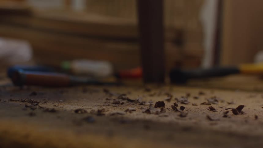 A closeup shot shows scattered wood shavings on a surface with a blurred background of tools and a workbench