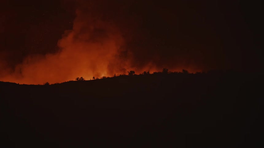 Smoke rises from the burning forest at night