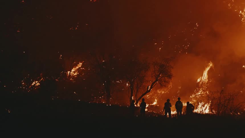 Silhouette of first responders tackling a wildfire in the forest