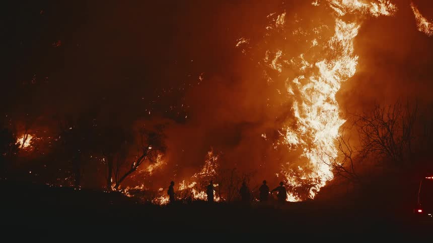 Firefighters standing silhouetted in front of a hillside that is lit up with flames at night
