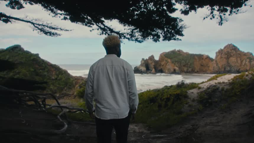A person wearing a white shirt stands on a cliffside gazing at the ocean with waves crashing against rocky formations and lush greenery