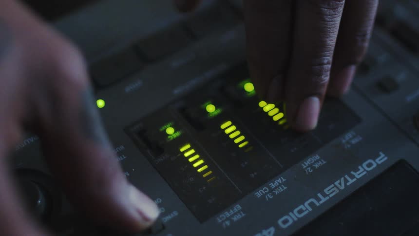 A persons hand adjusts the levels on an audio mixer with illuminated led indicators displaying different audio signal levels