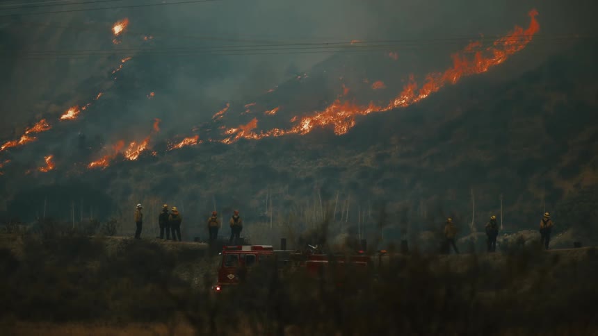 A line of firefighters stands silhouetted against a hillside ablaze with a long strip of bright orange flames