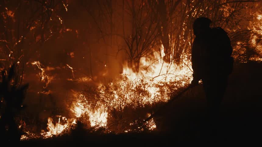 The silhouette of a person using a shovel to remove vegetation from an orange fire in a bushfire