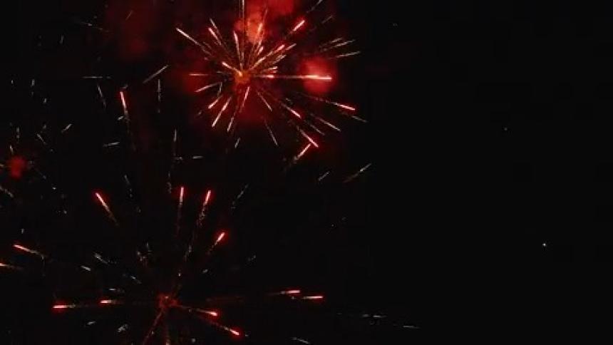 Bursts of colorful fireworks explodes against a dark night sky