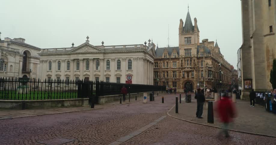 Pedestrians walking alongside classical buildings