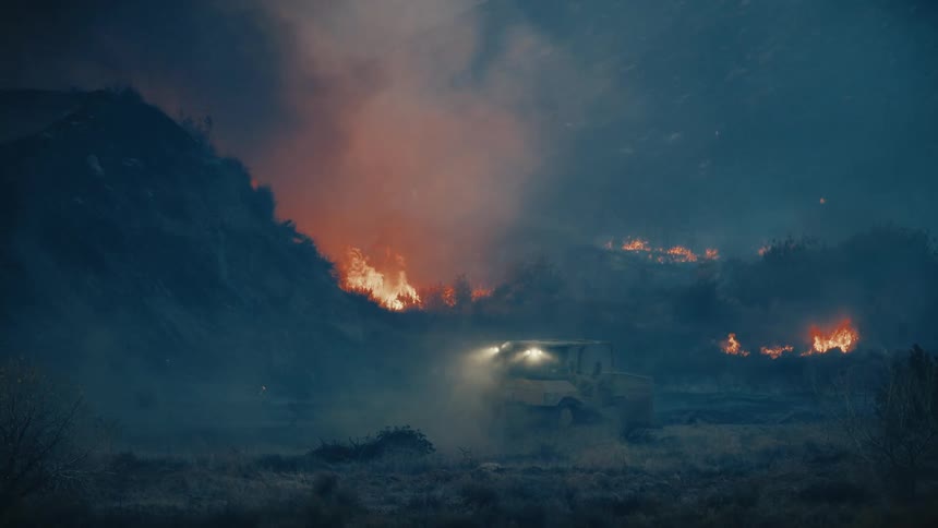 Truck moving through a forest on fire at night
