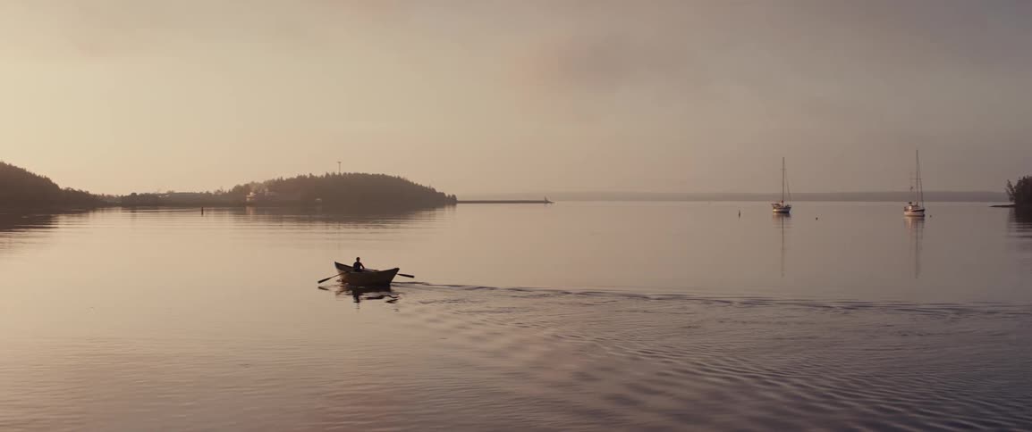 A person is rowing towards the shore of a calm bay during a foggy summer morning
