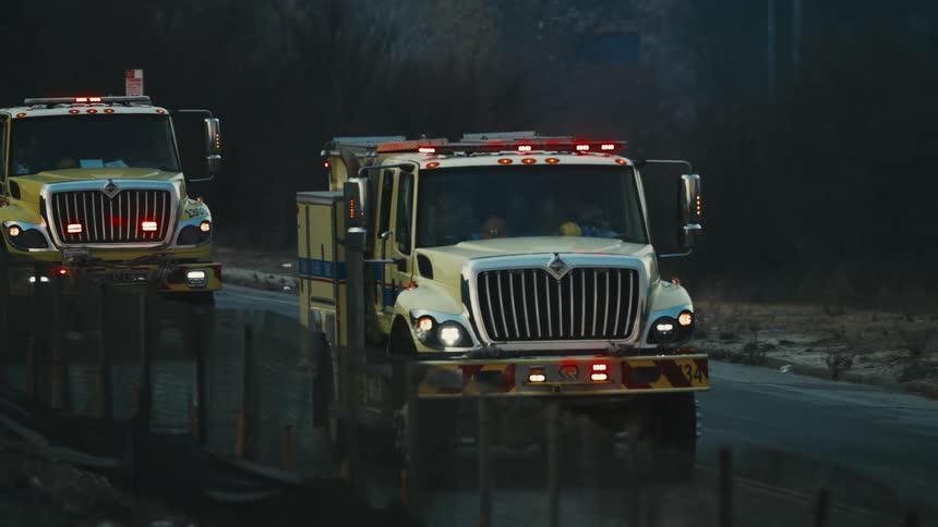 Fire trucks moving along the road