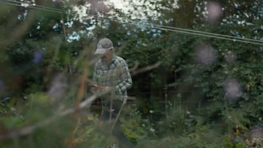Elderly lady walking with gardening pliers through a yard