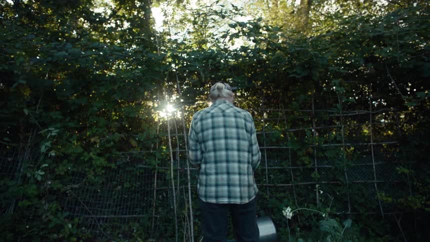 A woman walks in her garden