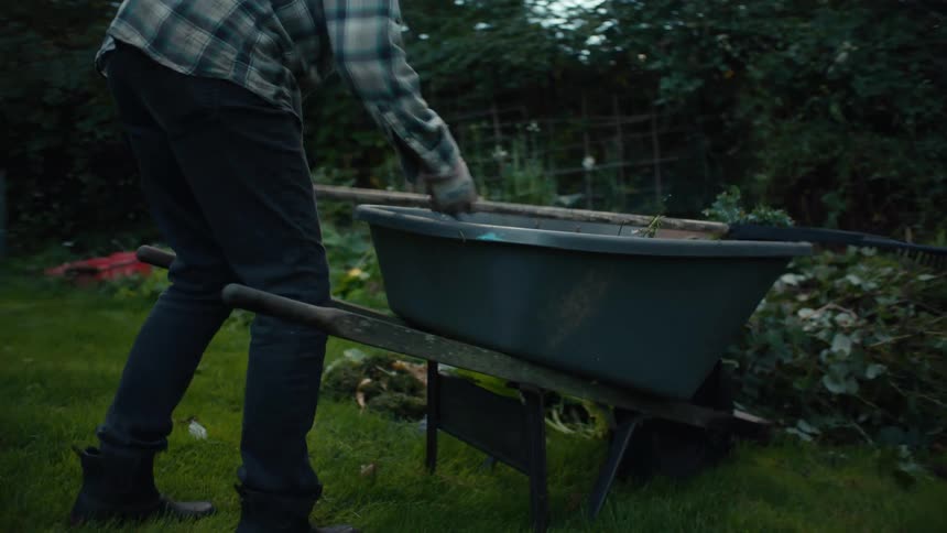 A woman in a cap and checkered shirt pushing a wheelbarrow in a grassy yard