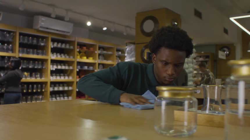 Young man wiping a product and a cloth over a piece of furniture in a store