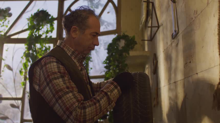 A gardener handling a car tire with gloved hands in a sunlit room filled with various potted plants and greenery