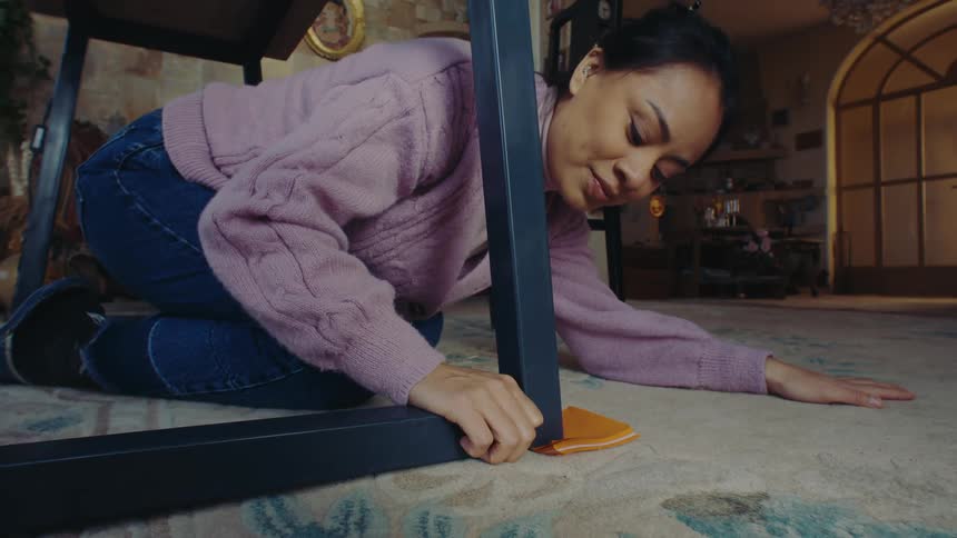 Woman placing an orange sponge on the corner of a table