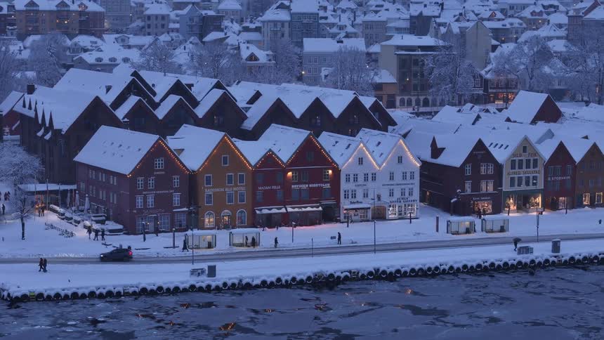 Aerial panorama of a classic urban city on the edge of a frozen lake