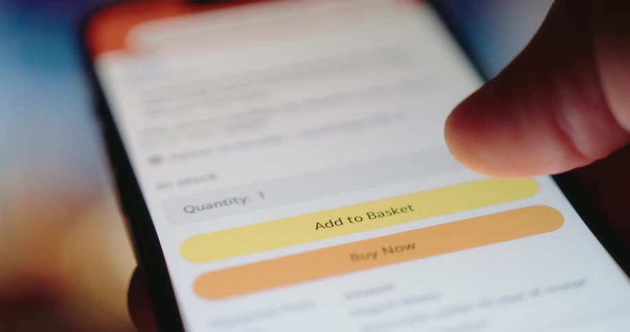 Person shopping on their smartphone adds an item to their online shopping cart