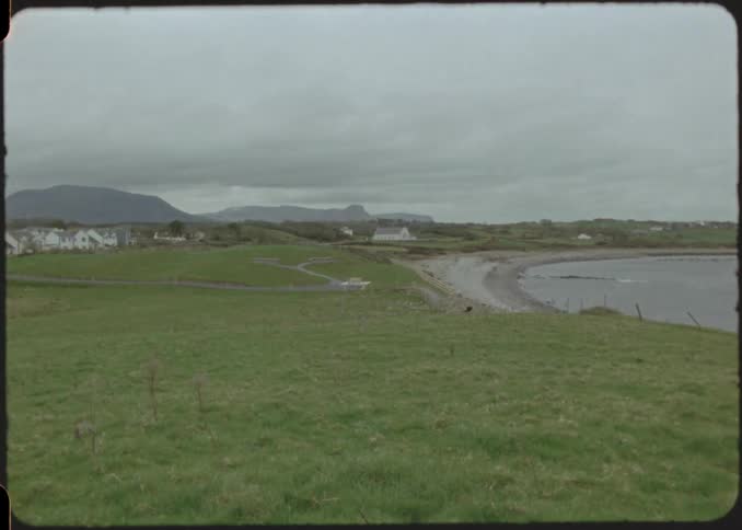 A black and white dog with a long tongue jumps up and runs away across a green field towards a rocky coastline and village under a cloudy sky