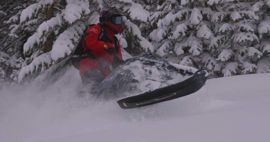 A person in a red jacket is riding a snowmobile through a snowy forest kicking up a trail of snow behind