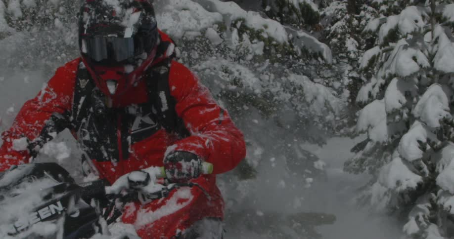 A person in a red jacket is riding a snowmobile through a snowy forest kicking up a trail of snow behind