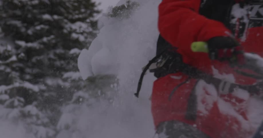 A man hits a branch as riding by on his snowmobile