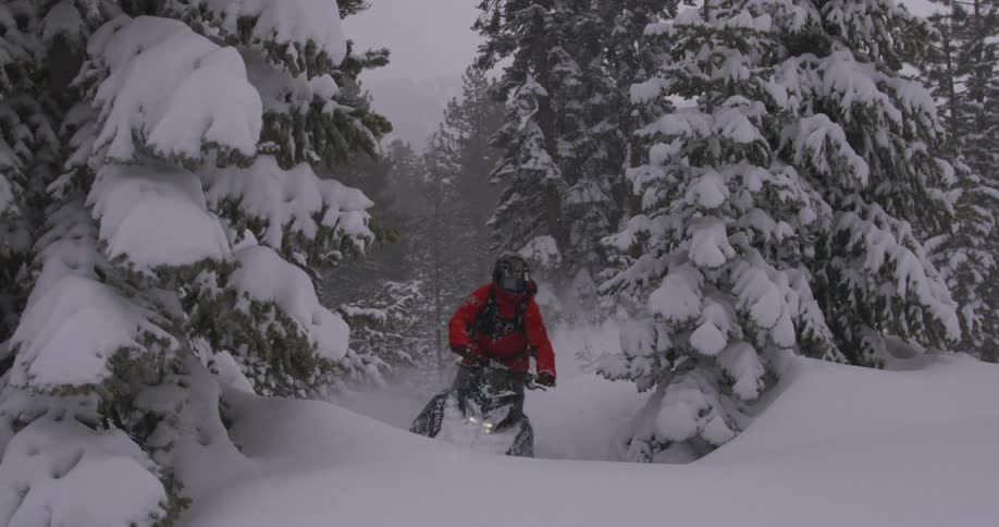 A person in all red on a snowmobile jumps from behind snowcovered trees sending powder flying