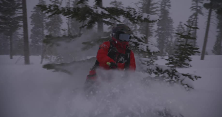 Person riding a snowmobile in a snowcovered environment with trees in the background