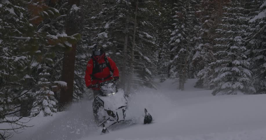 A person in a red jacket and helmet on a black snowmobile emerges from behind snowy trees kicking up fresh snow as they take a sharp left turn with the camera tracking them