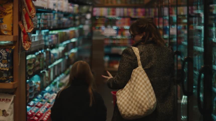 Woman holds a shopping basket while a child reaches out and grabs some items from a supermarket shelf