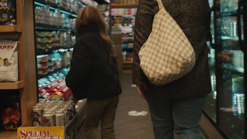 Woman and child walking down a supermarket aisle surrounded by shelves of produce and a produce section