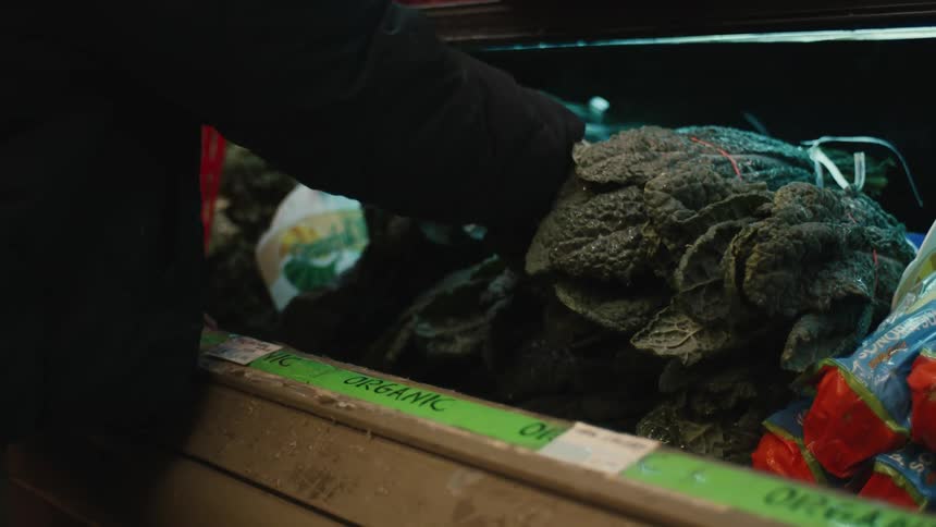 A person is selecting leafy greens from a display in a grocery store