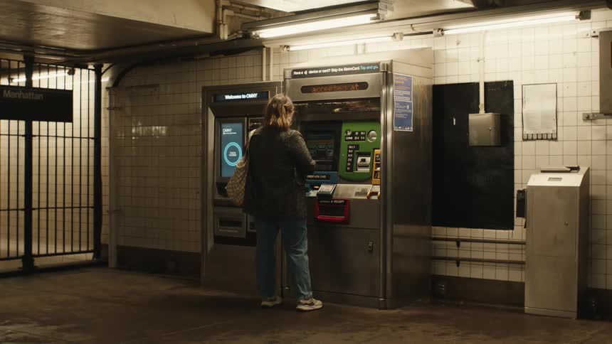A person is using a ticket vending machine in a subway station
