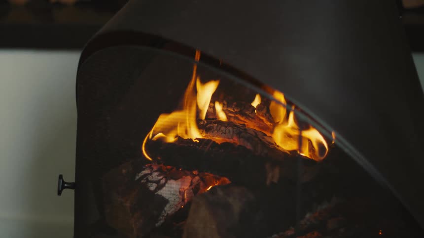 Wood burns inside a fireplace with a protective screen