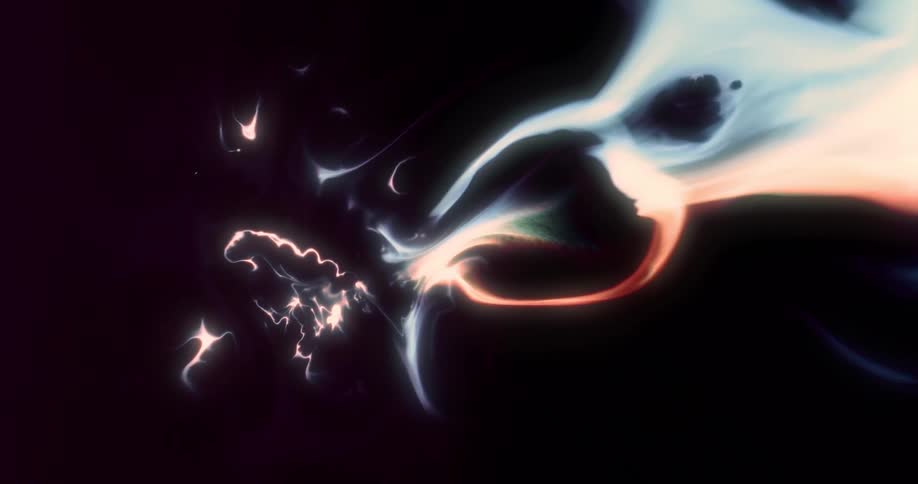 Abstract composition of moving liquids features fluid shapes in shades of white blue and orange against a dark background