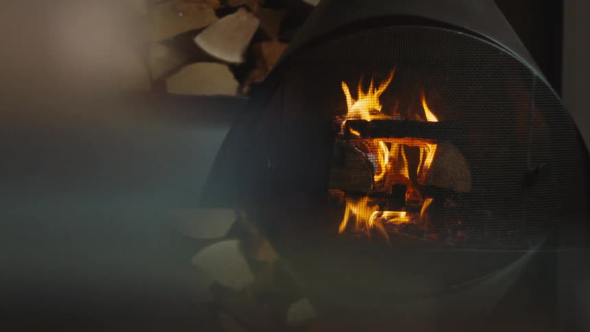 Fireplace lit with flames burning wood inside a metal structure with a protective screen