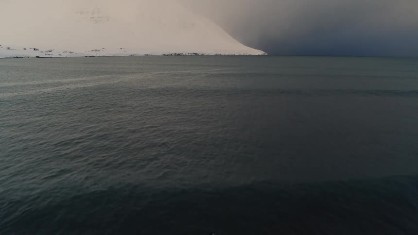 A wave breaks in the foreground of a vast gray ocean against a backdrop of a distant snowcovered coast under a somber sky
