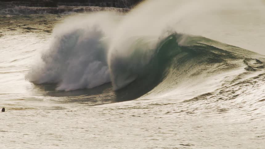 Surfers pass over a wave breaking in the sea