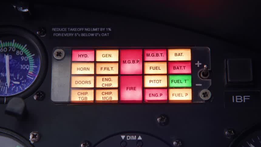 Close up of a helicopter panel turning on the lights
