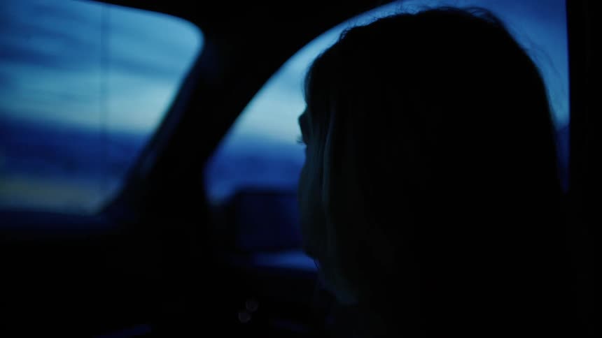 A person is sitting inside a vehicle looking out of the window at a bluetinted sky during twilight
