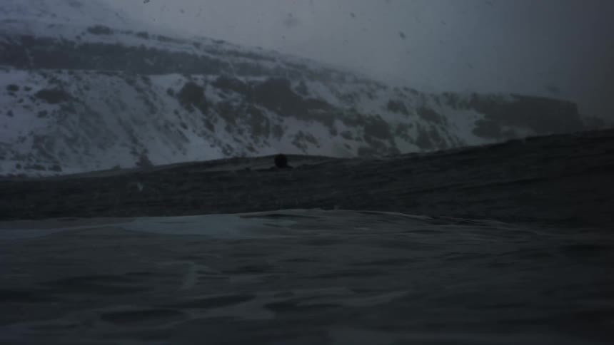 A person swims in a dark overcast rough icy ocean with a snowcovered mountainous coastline in the background