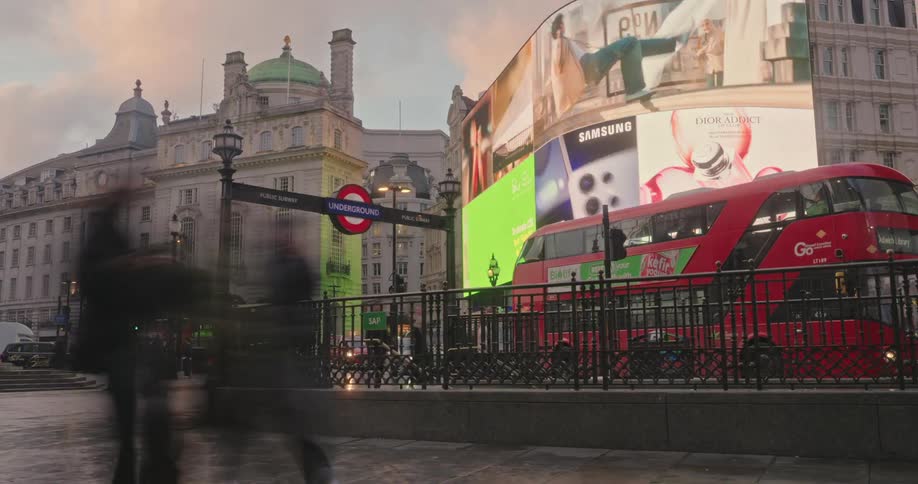 Urban scene of a metropolis with vehicle and pedestrian traffic