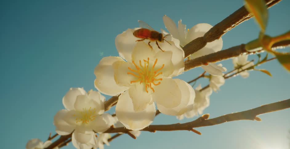 Bee walking on white leaves of a flower