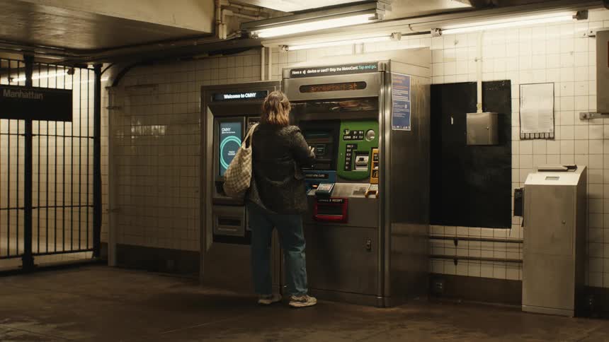 Woman going and interacting with an atm