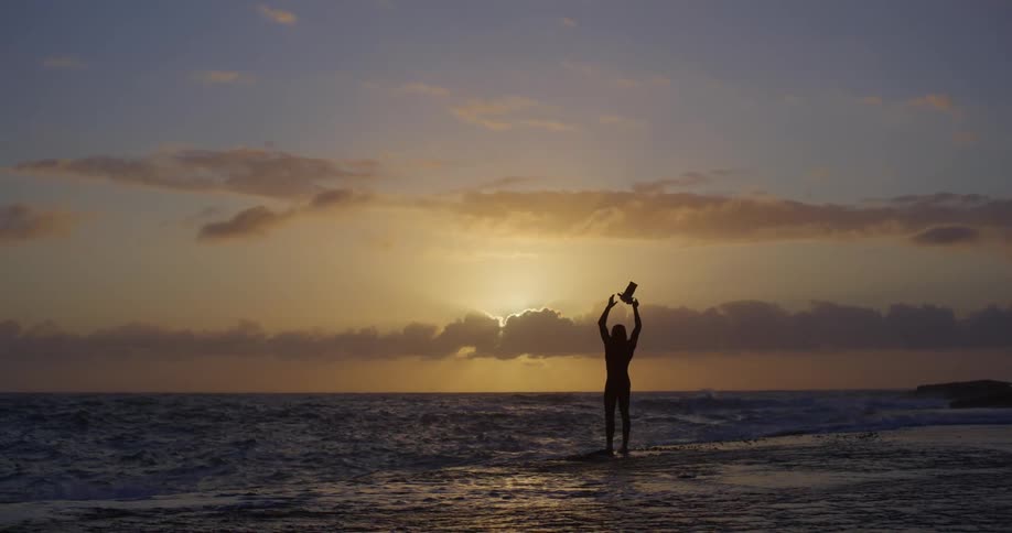 A silhouetted person standing on a beach at sunset raises their arms holding an object aloft in a celebratory gesture
