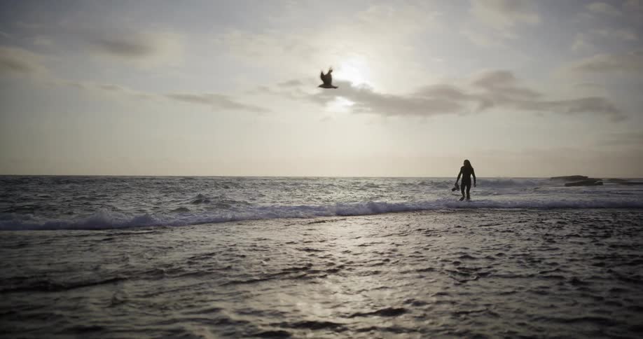 A photographer walks through shallow ocean water while carrying a large camera at sunset