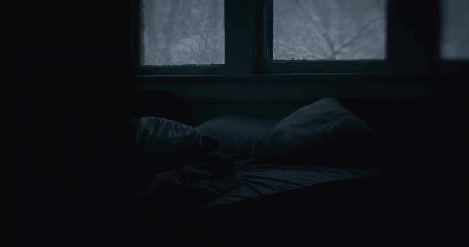A dimly lit bedroom shows a bed with pillows in the foreground and a window revealing snowy trees in the background