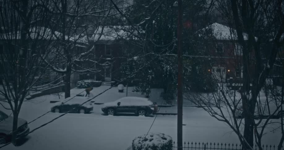 A snowy residential street scene shows cars and trees covered in snow with a person in the yard under a cloudy sky