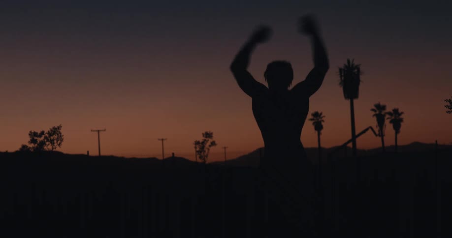 A man is shadowboxing and exercising at sunrise